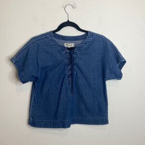 Madewell Denim Raglan Sleeves Lace Up Front Crop Top, Size-XXS